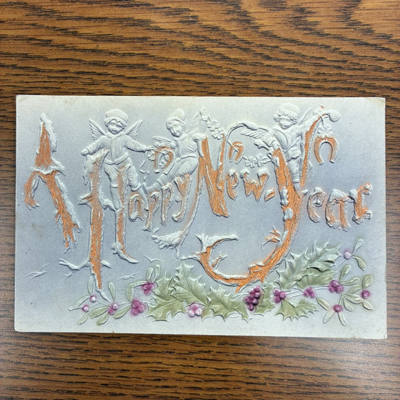 Antique Happy New Year Holiday Postcard Embossed Early 1900s Angels Embossed - Picture 1 of 5